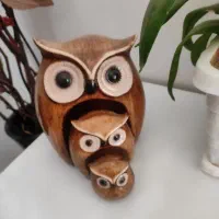 مجسمه جغد سه تیکه چوبی و گلدان فروشی