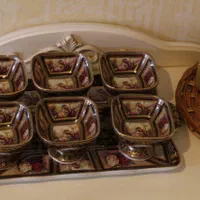 ظرف سینی پیاله قاشق بستنی خوری لمونژ دکوری قهوه ای