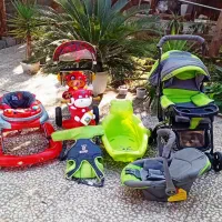 ست کالسکه و کریر و آغوش بچه و 3 چرخه روروک