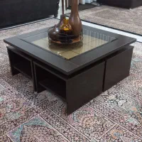 میز جلو مبلی شیشه ای و چوب و ۴ عسلی
