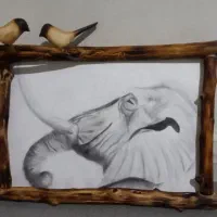 تابلو سه بعدی ترکیبی سیاه قلم و پرنده چوبی