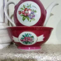 ست قوری و کاسه طرح لاکی قرمز قدیمی ژاپن