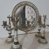 آینه و شمعدان برنجی قدیمی اروپایی