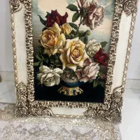 تابلو فرش گل و گلدان ماشینی