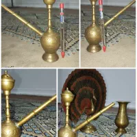 ست طاووس، گلدان،قلیون برنجی،قلم کاری شده کمیاب|کلکسیون اشیاء عتیقه|تهران, وصفنارد|دیوار