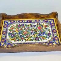 سینی گل ومرغ چوب و کاشی هفت رنگ اصفهان