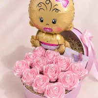 باکس گل رز صورتی+بادکنک نوزاد