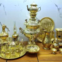 سماور زغالی ۶.۵ لیتری برنجی با سرویس کامل