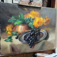 سینی انگور و گلهای داوودی (رنگروغن روی بوم )