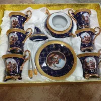 یک جفت گلدان ویک دست سرویس قهوه خوری سورمه ای اصل