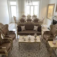 مبل استیل ۹ نفره چوب گردو + ناهارخوری ۸ نفره
