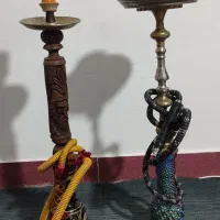 دو عدد قلیان برنجی و چوبی