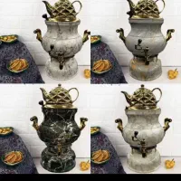 سماور و قوری سه کاره طرح سنگ آکبند طلایی