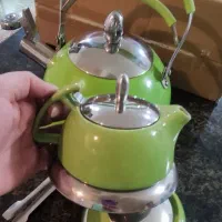 کتری استیل،شکر ریز و قندان چینی|قوری، کتری، قهوه‌ساز دستی|فولادشهر, A4|دیوار