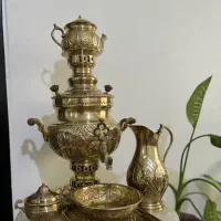 سماور زغالی ۶ لیتری برنج با سرویس کامل