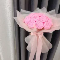 دسته گل رز صورتی ۱۸ شاخه بافت