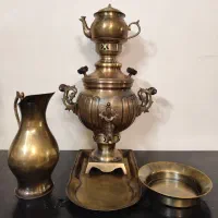 سماور زغالی برنجی با سرویس کامل مهردار و زیبا