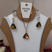 نیم ست نقره نگین بادامی قرمز رنگ شیک کد ۶۲۱