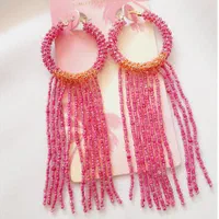 گوشواره حلقه ای آویزدار تمام منجوق صورتی تیره