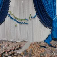 پرده دستکدار مخمل آبی و سرمه ای تور سفید