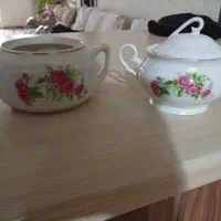 قندان گل سرخی،پارچ و لیوان،بشقاب پیرکس