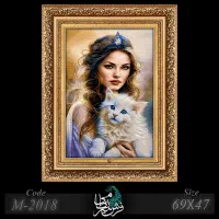 تابلو فرش قدی دختر و گربه،دستبافت تبریز گل ابریشم