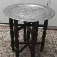 سینی مسی قلمکاری با پایه چوبی عتیقه