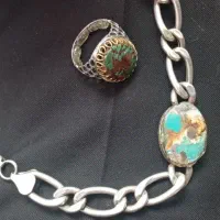 انگشتر و دستبند نقره با نگین فیروزه اصل