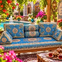 پشتی ترمه مدل گل برجسته ابی فیروزه ای