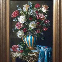 تابلوفرش دستبافت/تابلو فرش گلدان دورنگ چله ابریشم