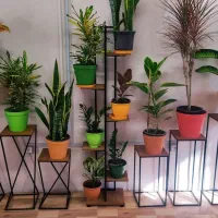 پایه گلدان فلزی 3 تایی ساده و کج با چوب ضد آب