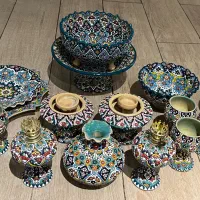 ست کامل سفال میناکاری به همراه جفت چراغ تزئینی