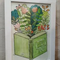 تابلو آبرنگ طرح کتاب با قاب سفید|تابلو، نقاشی، عکس|قم, شاه سید علی|دیوار