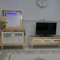 میز تلویزیون و کنسول سفید طلایی جادار