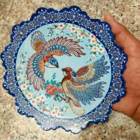 بشقاب مینا مسی گل و مرغ 20 سانتی دیوارکوب