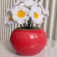 گل بابونه بافتنی همرا با گلدان