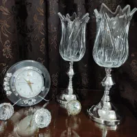 شمعدان کریستال وارداتی با پایه استیل و ساعت