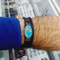 دستبند چرم فیروزه نیشابوری و نگین های معدنی