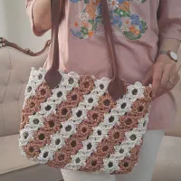 کیف مکرومه با بند چرمی و استرکشی و زیپ خارجی