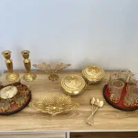 ظروف طلایی قدیمی شمعدان شکلات خوری استکان لیوان