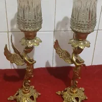 شمعدان برنزبرنجی سه جفت قدیمی باشیشهای اصل کریستال|لوستر و چراغ آویز|قرچک, زیبا شهر|دیوار