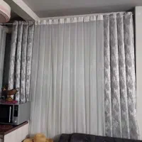 پرده ژاکارد نقره ای نگینی و تور لمه دار