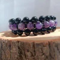 دستبند سه ردیفه سنگ آمیتیست و سنگ اونیکس