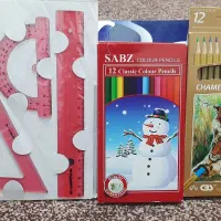 مدادرنگی ۱۲ رنگ و خط کش و گونیا و نقاله