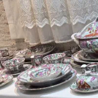 سرویس مرغی کامل غذاخوری بهشتی زمینه لیمویی قدیمی|ظروف سرو و پذیرایی|یزد, |دیوار