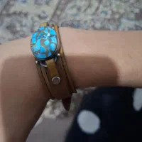 دست بنده نقره با سنگ فیروزه و چرم اصلی