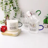 شات قهوه خوری پیرکس مدل طرح گود مورنینگ دسته رنگی|ظروف سرو و پذیرایی|مشهد, پایین خیابان|دیوار
