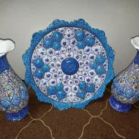 ست بشقاب و گلدان مینا کاری مس دست ساز اصفهان
