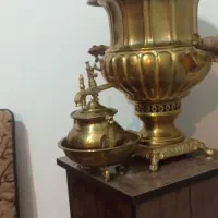 سماورزغالی قدیمی وتنگوقوری کاسه وگلاب پاش برنجی