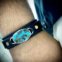 دستبند چرم مشکی + نقره روس + فیروزه اصل